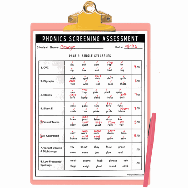 The free phonics screening assessment on a pink clipboard