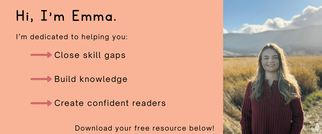 Emma Barnett, creator of Empire State Educate, is pictured. The text reads: Hi, I'm Emma. I'm dedicated to helping you: Close skill gaps, build knowledge, create confident readers. Download your free resource below!
