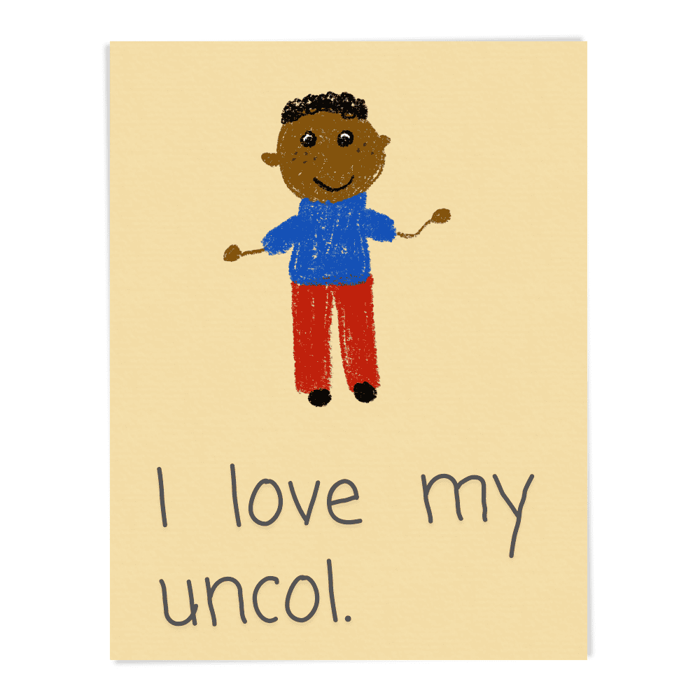 A child's drawing says "I love my uncol" demonstrating a common spelling error with consonant le syllables. 
