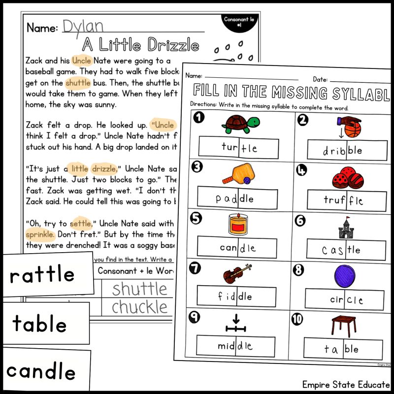 Printable phonics worksheets and word cards for teaching words with the final consonant le syllable.