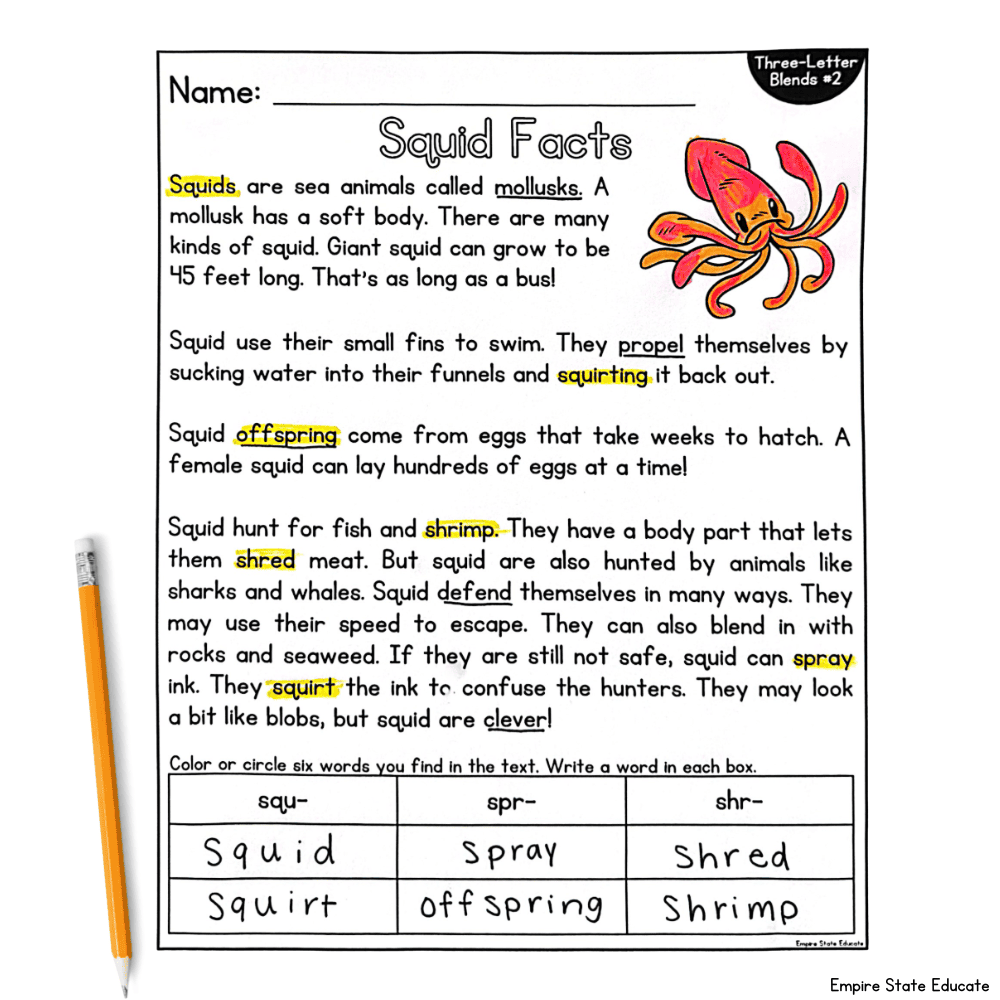 A decodable passage entitled "Squid Facts" is shown. The passage includes a phonics word sort for words with three-letter blends such as spray, shred, and squirt. 