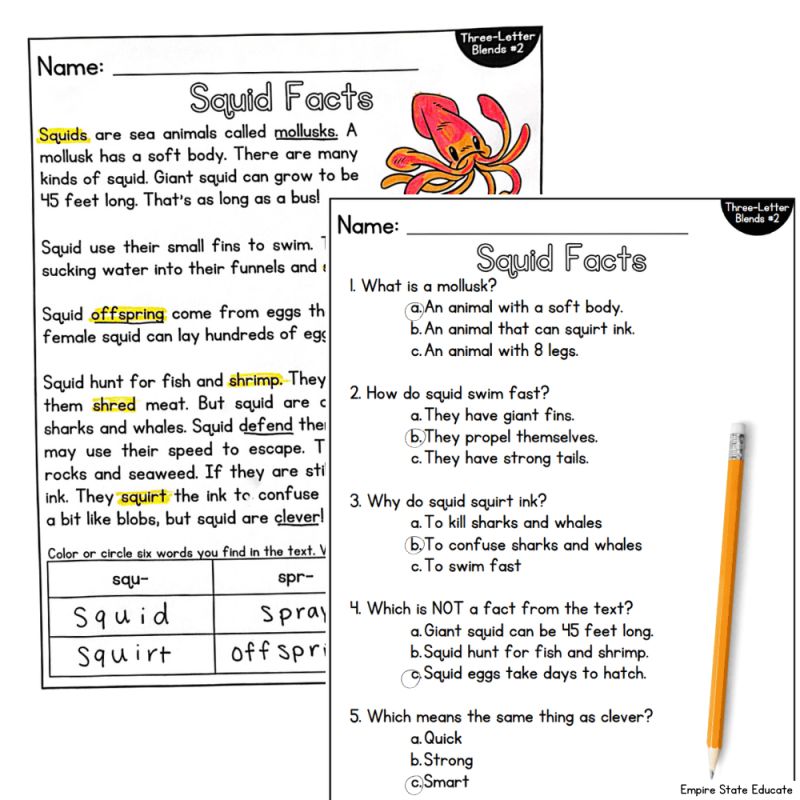 Decodable reading passage titled "Squid Facts" with multiple choice questions used for literacy centers