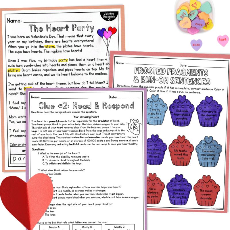 Printable Valentine's Day ELA Activities including decodable reading passages, grammar worksheets, and reading comprehension