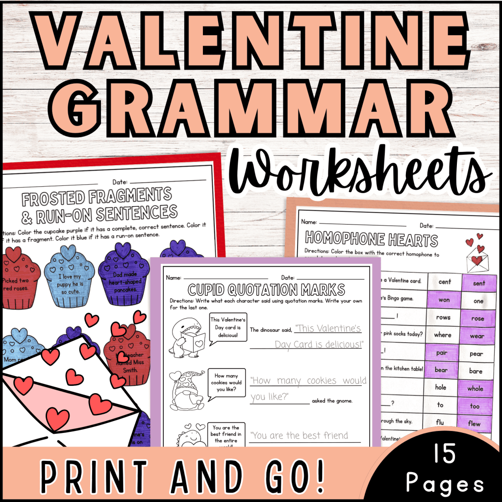 Printable grammar worksheets for a Valentine's Day ELA review activity.