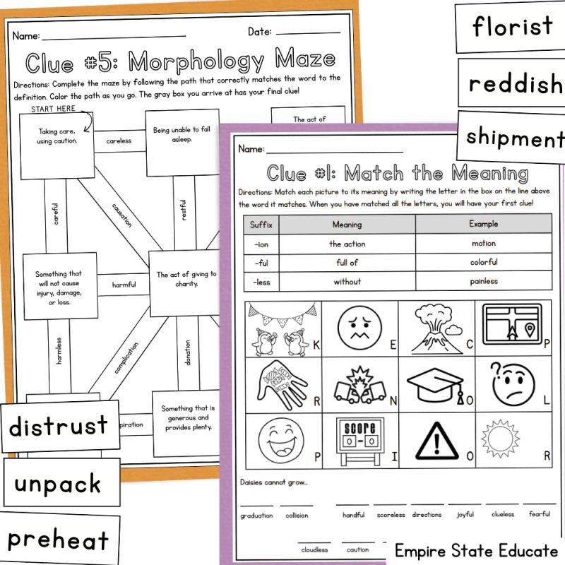 Printable morphology worksheets and word cards with prefixes and suffixes.