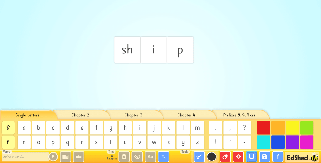 Screenshot of the EdShed word builder tool. This screenshot shows the word "ship" built with digital grapheme tiles.