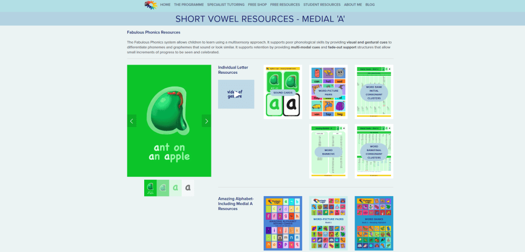 Screenshot of the Dyslexic Logic website with free structured literacy resources. This screenshot shows resources for short vowel a.