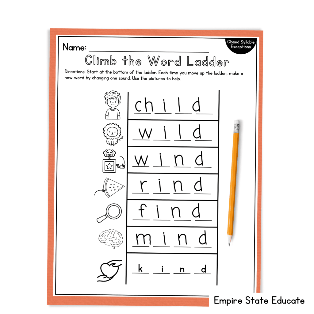 Ild Ind Old Olt Ost word ladder worksheet for teaching closed syllable exceptions