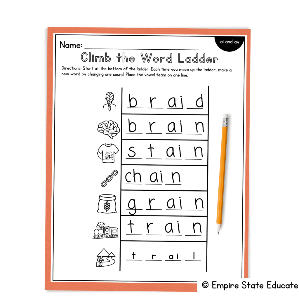 Printable phonics word ladder worksheet targeting ai and ay vowel team words. Available on Teachers Pay Teachers. 