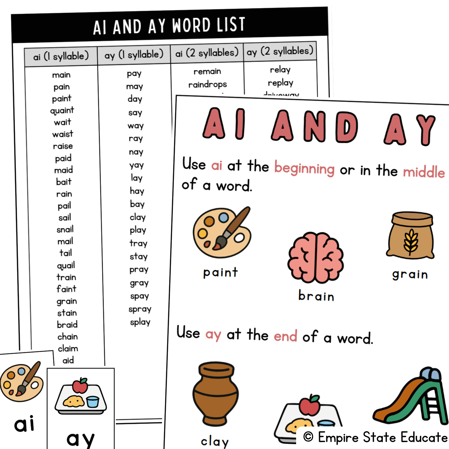 Long A ai and ay Vowel Team Words- Free List