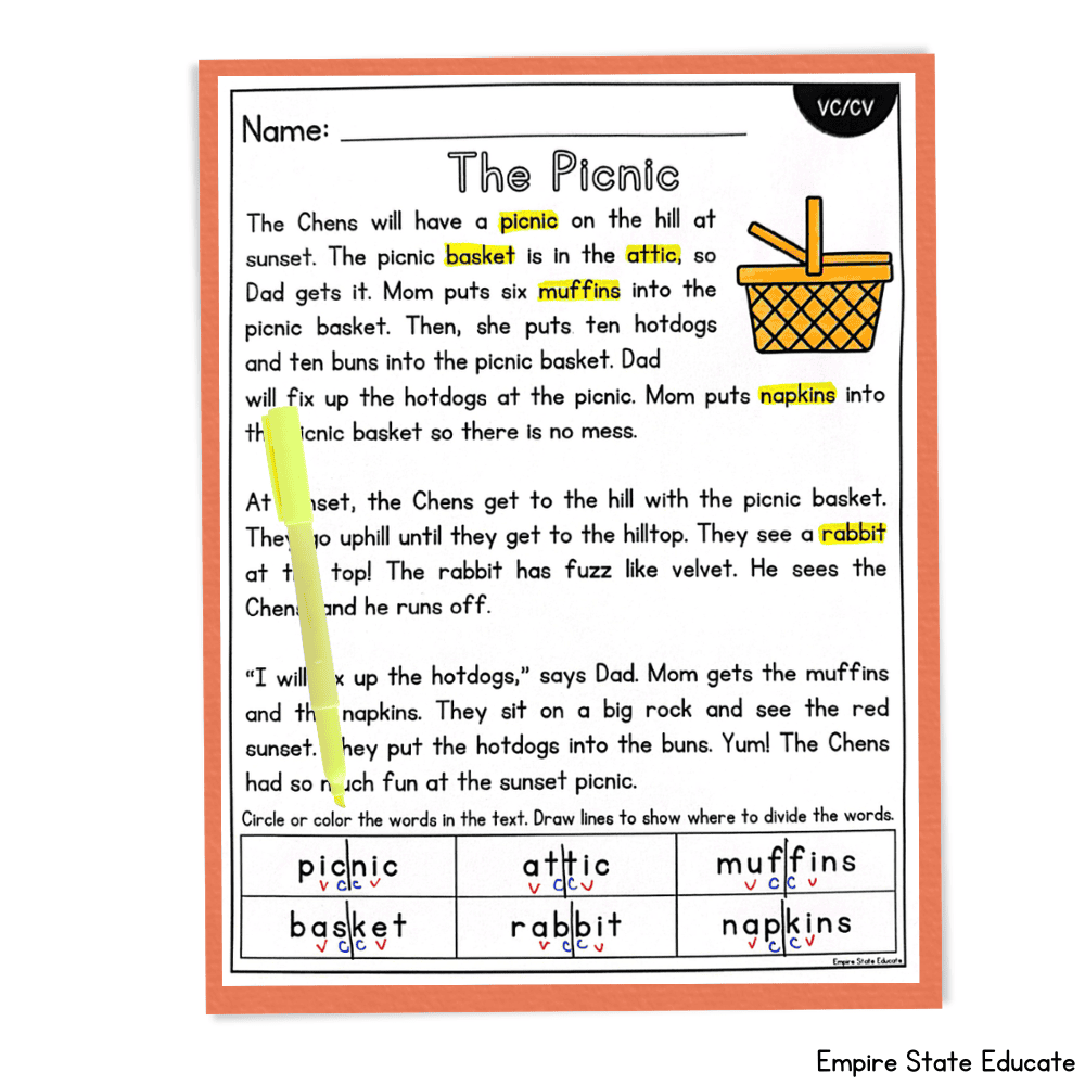 Decodable reading passage for introducing multisyllabic words. 