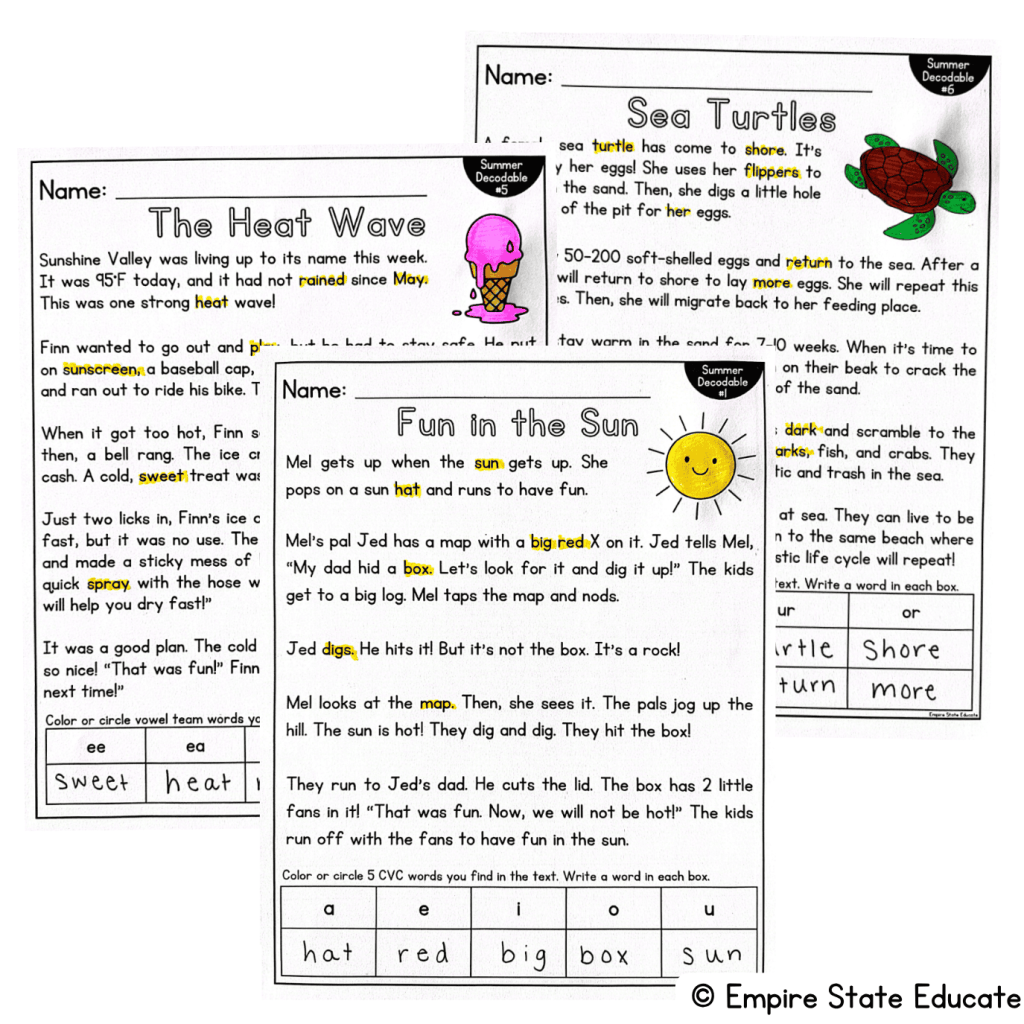 Decodable reading comprehension passages for summer structured literacy activities. 
