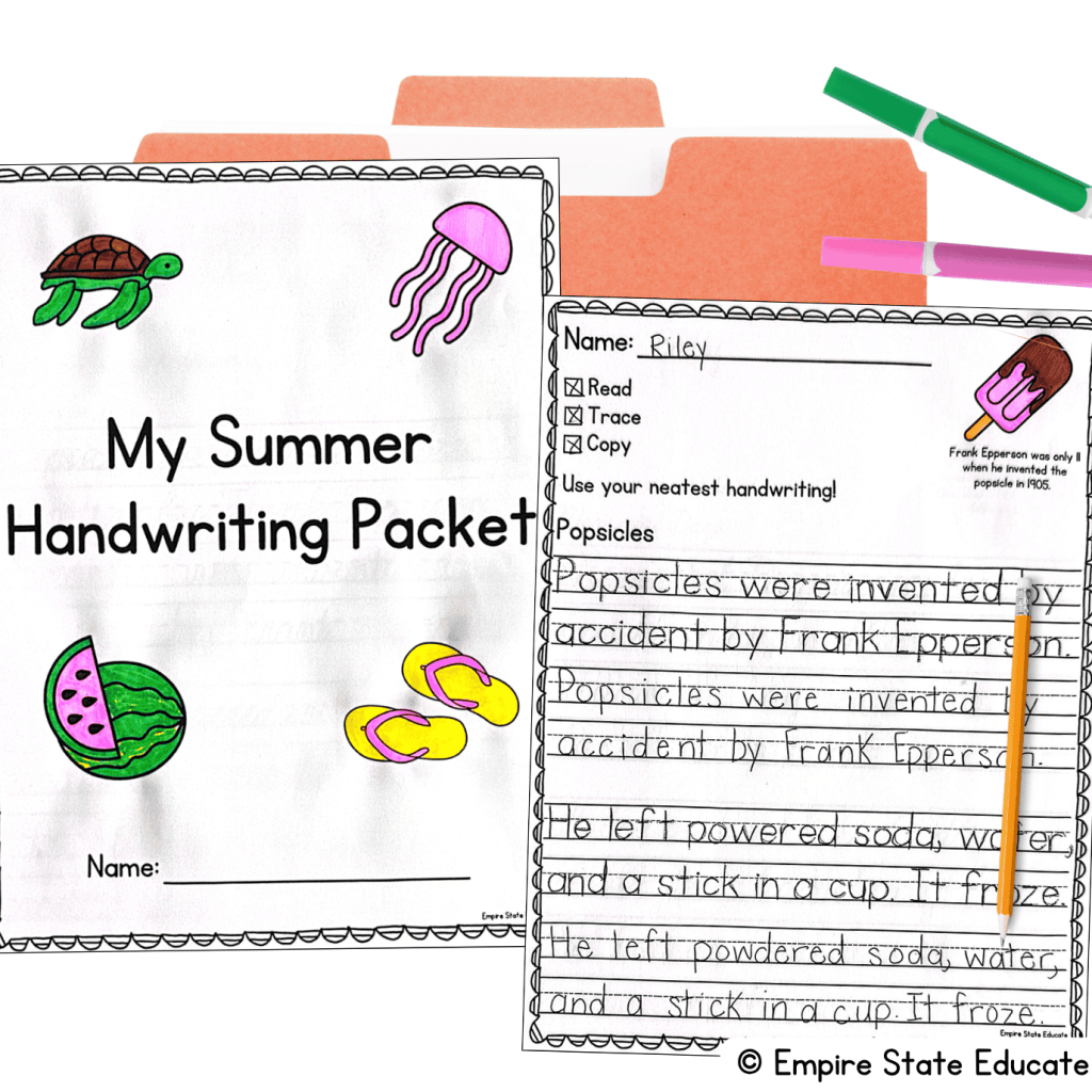 Summer handwriting packet with cover page and example page for summer school ELA or home practice. 