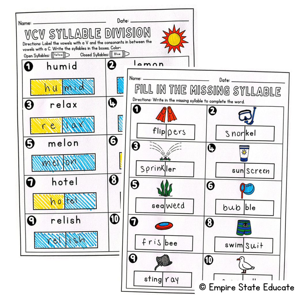 Summer syllable division worksheets for summer structured literacy activities. 