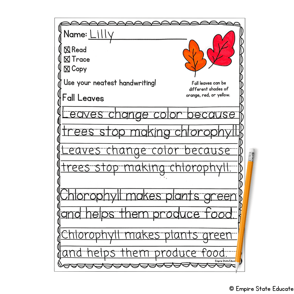 Handwriting practice page titled "Fall leaves" with two sentences for students to read, trace, and copy as a literacy center activity.