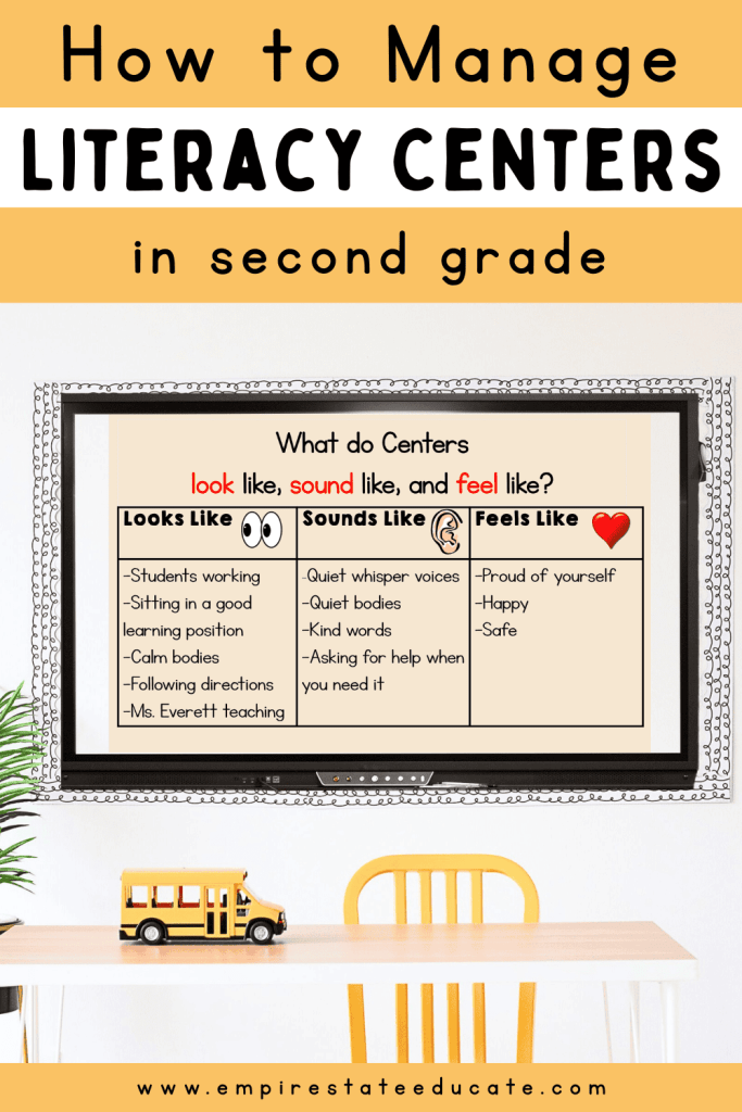Classroom board displays a slide that says "What do centers look like, sound like, and feel like?" with student ideas. 