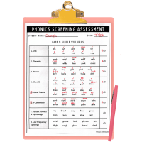 Clipboard with a phonics screening assessment shows a student's scores reading nonsense words with CVC, digraphs, blends, silent e, vowel teams, and r-controlled vowels.