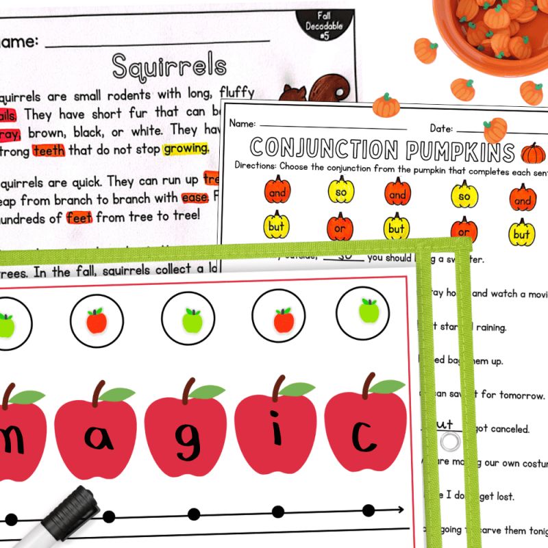 Fall literacy worksheets with pumpkins, squirrels, and apples.