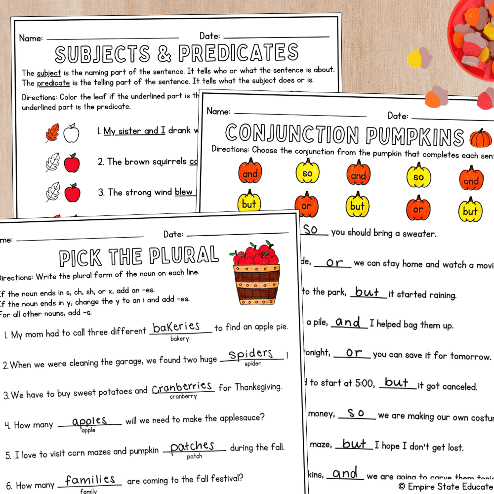 Grammar worksheets on subjects & predicates, conjunctions, and plural nouns for fall literacy activities.