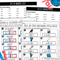 Worksheets and word lists for syllable division and VCV word practice.