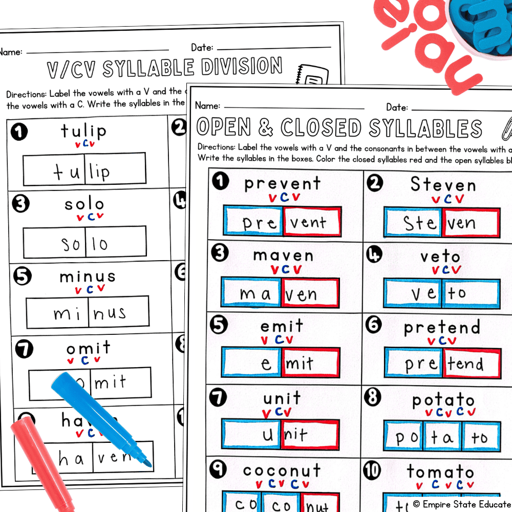 Worksheets for syllable division and VCV word practice.
