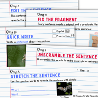 Daily slides for different sentence-writing activities in elementary school to practice writing complete sentences with a subject and predicate, capitalization and punctuation, and details.