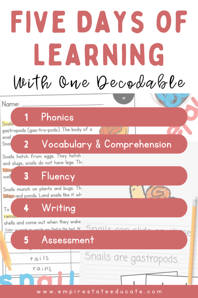 A list of five lessons to use with a decodable reading passage, including phonics, vocabulary & comprehension, fluency, writing, and assessment. 