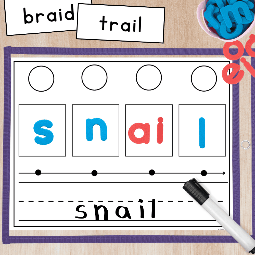 Letter tiles and word mapping sound mat for practicing phonics and spelling.