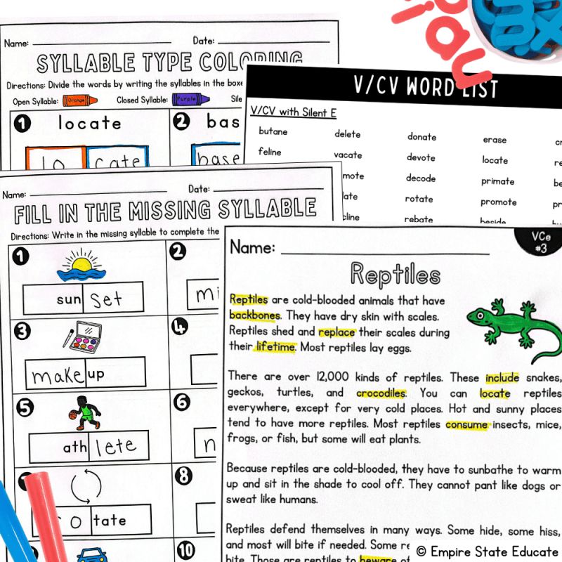 Two-syllable silent e worksheets, a V/CV word list, and a Reptiles decodable passage with markers